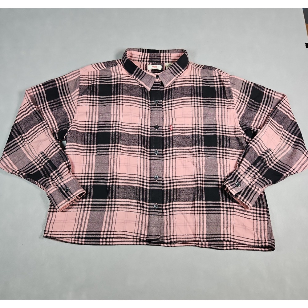 Levis Womens Pink Plaid Cropped Button Up Long Sleeve Flannel Shirt Size XS